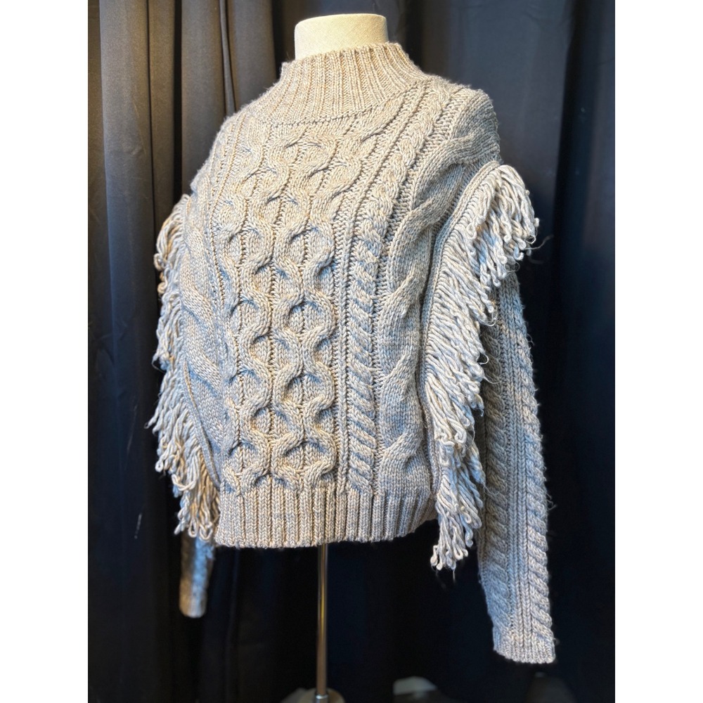Universal Thread Oatmeal Beige Cable Knit Fringe Mock Neck Sweater Small Boho